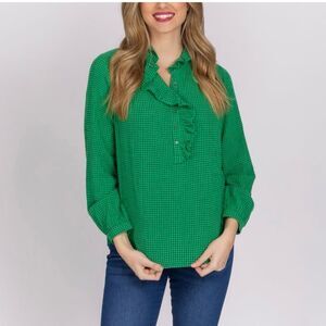 Xirena Hedge plaid ruffle‎ neck Caspian Top blouse Size M green